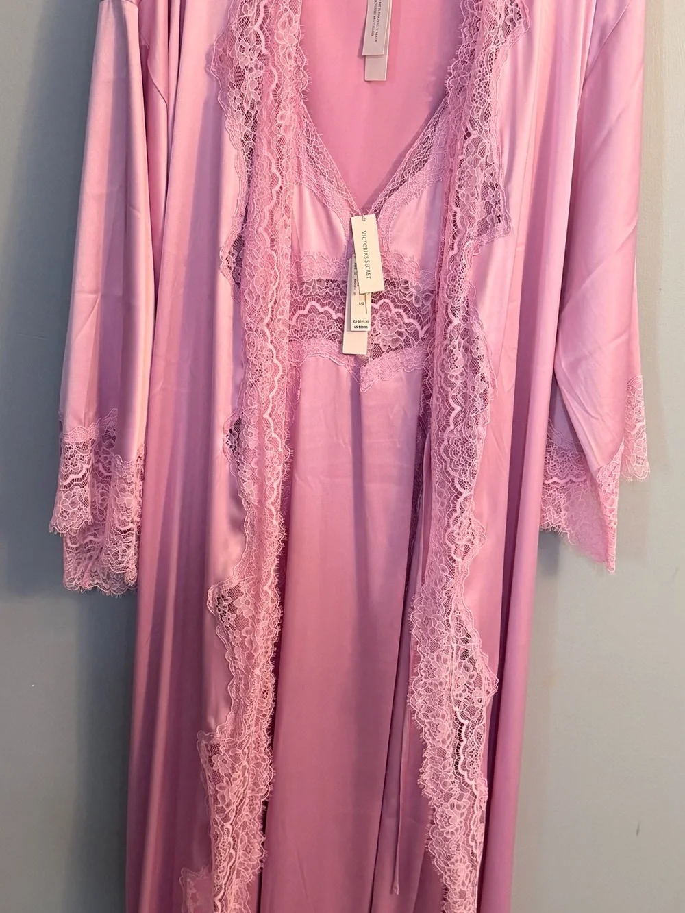 Victoria Secret Long Satin Pink Lace Trim Satin Nightgown & Robe Set